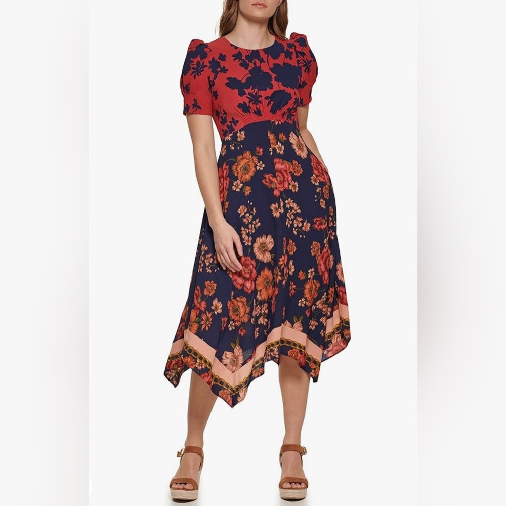 Vince Camuto Block Print Multicolored Handkerchief Hem Dress SZ 2